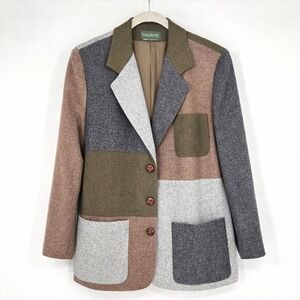 Vintage Wool Multi-Tone‎ Patchwork Blazer Sz M Green Tan Gray Academia Oversized